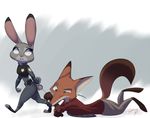  2017 anthro barefoot belt bite bound buckteeth bulletproof_vest canine clothed clothing dipstick_ears disney dragging duo english_text female fox growling handcuffs judy_hopps lagomorph male mammal necktie nick_wilde police_uniform rabbit shackles signature simple_background sound_effects teeth text tied_together uniform utility_belt walking yitexity zootopia 