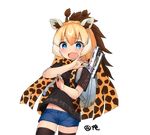  alternate_costume animal_ears backpack bag black_legwear black_shirt blonde_hair blue_eyes blush brown_hair choir_(artist) clothes_writing commentary_request contemporary cowboy_shot eyebrows_visible_through_hair giraffe_ears giraffe_horns kemono_friends long_hair looking_at_viewer multicolored_hair open_mouth poster_(object) print_scarf reticulated_giraffe_(kemono_friends) scarf shirt short_shorts shorts solo surprised sweat sweating_profusely t-shirt thighhighs transparent_background 