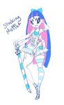  1girl cosplay detached_sleeves dress extra_arms extra_eyes fangs high_heels insect_girl legs long_hair muffet multicolored_hair panty_&amp;_stocking_with_garterbelt ribbon spider_girl stocking_(psg) stocking_(psg)_(cosplay) striped striped_legwear striped_socks thighhighs undertale weapon 