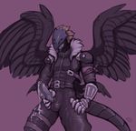  2017 beelzemon claws clothed clothing cum cum_on_clothing cum_on_leg d-sui digimon digital_drawing_(artwork) digital_media_(artwork) erection fangs feathered_wings feathers gloves hair humanoid humanoid_penis jacket male mammal masturbation penis simple_background solo tuft wings 
