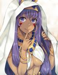 animal_ears bangle bangs bare_arms bracelet breasts bunny_ears closed_mouth commentary_request dark_skin earrings egyptian_clothes eyebrows_visible_through_hair facepaint fate/grand_order fate_(series) finger_to_mouth fingernails hairband highres hoop_earrings index_finger_raised jewelry long_hair looking_at_viewer medium_breasts neck_ring nitocris_(fate/grand_order) purple_eyes purple_hair rinarisa smile solo two-tone_hairband under_covers underboob upper_body very_long_hair 