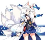  aircraft airplane animal_ears azur_lane bangs between_fingers blue_eyes blue_skirt blunt_bangs breasts closed_mouth commentary_request cowboy_shot expressionless fox_ears fox_mask fox_tail hakama_skirt highres holding holding_mask kaga_(azur_lane) legs_apart looking_at_viewer mask medium_breasts multiple_tails nyoro_(nyoronyoro000) pleated_skirt short_hair silver_hair skirt solo tail tsurime 