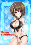  black_swimsuit blue_background breast_suppress breasts brown_eyes brown_hair burafu cleavage criss-cross_halter girls_und_panzer halterneck happy_birthday large_breasts looking_at_viewer nishizumi_maho short_hair solo sparkle swimsuit 