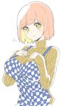  absurdres apron bangs blunt_bangs blush breast_suppress breasts checkered checkered_apron closed_mouth donguri_suzume eyebrows_visible_through_hair flying_sweatdrops highres large_breasts long_sleeves looking_at_viewer orange_eyes orange_sweater pink_hair ribbed_sweater short_hair simple_background solo standing sweater turtleneck turtleneck_sweater upper_body white_background 