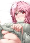  bangs bed_sheet belly blush breasts clothes_lift commentary_request grey_sweater highres lifted_by_self long_sleeves looking_at_viewer medium_breasts navel no_bra nori_tamago nose_blush pink_hair plump red_eyes saigyouji_yuyuko short_hair solo sweatdrop sweater sweater_lift touhou turtleneck turtleneck_sweater underboob upper_body 