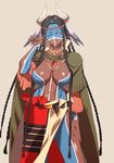  black_hair blue_eyes bodypaint braid breasts cleavage cloak dark_skin facepaint fate/grand_order fate_(series) feathers genderswap genderswap_(mtf) geronimo_(fate/grand_order) hair_feathers headdress high_collar highres horns jewelry kbtmsboy large_breasts loincloth long_hair native_american native_american_headdress navel necklace one_eye_closed side_braid solo toned tribal 