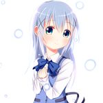  aqua_eyes bangs blue_neckwear blue_vest blush bow bowtie buttons closed_mouth collared_shirt commentary_request deka_tomato eyebrows_visible_through_hair flat_chest gochuumon_wa_usagi_desu_ka? hair_ornament hairclip hands_on_own_chest hands_together kafuu_chino light_blue_hair long_hair long_sleeves looking_at_viewer rabbit_house_uniform shirt sidelocks smile solo upper_body vest white_background white_shirt wing_collar x_hair_ornament 