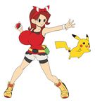  1girl audrey_page breasts bursting_breasts censored cleavage clothed colored cosplay crossover golden_girl haruka_(pokemon) haruka_(pokemon)_(cosplay) haruka_(pokemon)_(remake) haruka_(pokemon)_(remake)_(cosplay) huge_breasts large_breasts pikachu pokemon pokemon_(creature) pokemon_(game) pokemon_oras saburox simple_background smile the_developing_adventures_of_golden_girl white_background 