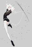  androgynous arms_up diamond_(houseki_no_kuni) gem_uniform_(houseki_no_kuni) houseki_no_kuni leg_up lunch_(lunchicken) short_hair shorts solo sword thighhighs weapon white_hair white_legwear 