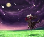  2009 ambiguous_gender black_body blue_eyes cloud darkrai detailed_background field flower flying full_moon grass jiayi legendary_pok&eacute;mon moon night nintendo outside petals plant pok&eacute;mon pok&eacute;mon_(species) signature sky snow snowing solo star starry_sky sunset video_games 