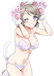  animal_ears arms_up bangs blue_eyes blush bra breasts brown_hair cat_ears cat_tail cleavage cowboy_shot eyebrows_visible_through_hair facial_mark fake_animal_ears fake_tail gloves grin hairband highres lavender_bra lavender_panties leaning_forward leg_up looking_at_viewer love_live! love_live!_sunshine!! medium_breasts navel one_eye_closed panties paw_gloves paw_print paws rozen5 short_hair simple_background smile solo swept_bangs tail underwear underwear_only watanabe_you white_background 