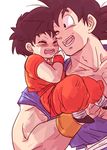  1girl ;) black_eyes black_hair carrying closed_eyes dougi dragon_ball dragon_ball_z grandfather_and_granddaughter happy miiko_(drops7) one_eye_closed open_mouth pan_(dragon_ball) short_sleeves simple_background smile son_gokuu white_background wristband 