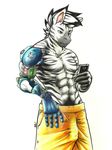  2017 abs anthro bctitan biceps black_fur black_hair blue_eyes bulge cellphone clothed clothing cybernetic_arm cybernetics equine erection fur hair hax hi_res holding_object holding_phone humanoid_hands jerico machine male mammal multicolored_fur muscular obliques pants pecs penis penis_outline phone snout solo standing topless traditional_media_(artwork) two_tone_fur white_fur white_hair zebra 