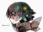  artist_request black_hair commentary_request gen_7_pokemon hood hoodie minior multicolored_hair personification pokemon profile red_eyes short_hair solo twitter_username two-tone_hair upper_body 