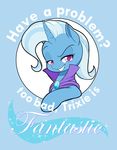 2017 blue_background blue_fur cape clothing digital_media_(artwork) dstears english_text equine eyelashes female feral friendship_is_magic fur gem hair horn looking_at_viewer mammal mane multicolored_hair my_little_pony purple_eyes simple_background smile smirk smug solo teeth text trixie_(mlp) two_tone_hair unicorn 