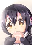  black_hair brown_eyes commentary_request dot_nose eating eyebrows_visible_through_hair eyes_visible_through_hair face food hair_between_eyes headphones highres humboldt_penguin_(kemono_friends) japari_bun kemono_friends looking_at_viewer multicolored_hair pink_hair portrait short_hair solo yasume_yukito 