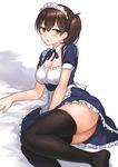  alternate_costume ass black_legwear blue_dress blush breasts brown_eyes brown_hair cleavage collarbone detached_collar dress enmaided fukuroumori hair_between_eyes highres kaga_(kantai_collection) kantai_collection looking_at_viewer lying maid maid_headdress medium_breasts no_shoes on_side parted_lips short_hair side_ponytail solo thighhighs 