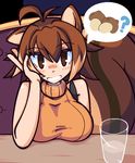  acorn animal_ears antenna_hair average-hanzo bare_arms bare_shoulders blazblue blush_stickers breast_rest breasts brown_eyes brown_hair casual cup drinking_glass grin hand_on_own_cheek large_breasts looking_at_viewer makoto_nanaya sexually_suggestive short_hair sitting sleeveless sleeveless_turtleneck smile solo speech_bubble squirrel_ears squirrel_girl squirrel_tail tail turtleneck upper_body 