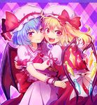  :d argyle argyle_background blonde_hair blue_hair bow brooch cheek-to-cheek dress fangs flandre_scarlet hat hat_bow hug jewelry looking_at_viewer mob_cap multiple_girls open_mouth puffy_short_sleeves puffy_sleeves red_eyes remilia_scarlet sash shichi_miko short_hair short_sleeves siblings side_ponytail sisters smile sparkle touhou wings wrist_cuffs 