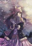  animal_hat bag black_hair brown_eyes coffee_cup cup disposable_cup handbag hat highres jacket kagawa_yuusaku long_hair original outdoors scarf snowing solo 