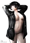  areola_slip areolae arms_behind_head arms_up black_eyes black_hair black_jacket black_panties breasts commentary_request cowboy_shot jacket large_breasts long_sleeves navel open_clothes open_jacket original panties parted_lips short_hair solo souryu stomach underwear 