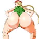  1girl ahoge alone ass bare_shoulders bent_over beret blonde_hair blue_eyes braid cammy_white capcom female from_behind hat hips huge_ass large_ass leotard long_hair looking_at_viewer looking_back looking_down open_mouth rivale shiny shiny_clothes shiny_hair shiny_skin simple_background solo squatting street_fighter sweat thick_thighs thighs thong_leotard twin_braids very_long_hair white_background wide_hips 