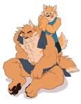  2017 abs anthro biceps big_muscles black_nose blue_eyes blush brown_fur brown_nose canine chest_tuft claws clothing dog duo eyes_closed fur hi_res male mammal muscular muscular_male otake pecs shirt shorts simple_background sitting standing takemoto takemoto_arashi tan_fur tank_top toe_claws tongue tongue_out towel triceps tuft vest white_background 