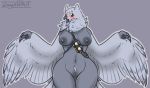  alternate_species ana_(overwatch) anthro areola avian beak belly belt bird black_areola blush breasts brown_eyes feathered_wings feathers female looking_at_viewer navel nipples nude open_mouth overwatch owl pussy simple_background solo talons thick_thighs video_games weapon wide_hips wingedwilly wings 
