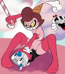  2017 animate_inanimate baroness_von_bon_bon being_watched breasts brown_hair cabronpr candy candy_cane clitoris clothing cuphead_(character) cuphead_(game) domination duo_focus erect_nipples eyewear female female_domination flat_chested food gloves group hair hat hi_res humanoid legwear male male/female mugman navel nervous nipples not_furry object_head penetration pink_nipples pussy pussy_juice sex short_hair small_breasts smile sunglasses sweat thumbs_up vaginal vaginal_penetration video_games 