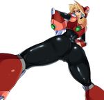  alia_(rockman) android ass black_bodysuit blonde_hair blue_eyes bodysuit clenched_teeth from_behind from_below gloves highres long_hair looking_back radlionheart rockman rockman_x skin_tight solo spread_legs teeth transparent_background white_gloves 
