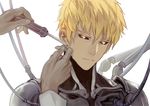  achyue black_sclera blonde_hair closed_mouth cyborg genos head_tilt kuseno_hakase long_sleeves male_focus mechanical_parts multiple_boys one-punch_man parts_exposed screwdriver simple_background white_background 