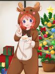  :d animal_costume animal_ears antlers bangs blue_eyes blush blush_stickers bow bowtie box cake christmas christmas_lights christmas_ornaments christmas_tree commentary_request diagonal_stripes eyebrows_visible_through_hair food fruit gift gift_box holding holding_plate indoors koshigaya_natsumi long_sleeves looking_at_viewer non_non_biyori open_mouth orange_hair plate reindeer_antlers reindeer_costume reindeer_ears shika_(s1ka) slice_of_cake smile solo standing star strawberry strawberry_shortcake striped v 