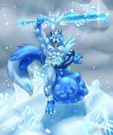  2017 3_toes 5_fingers animal_genitalia animal_penis anthro balls big_balls big_penis blue_fur blue_hair blue_penis canine canine_penis cloud cock_vore erection fur glowing green_eyes hair holding_object holding_weapon hungothenomster ice inside_balls looking_at_viewer male mammal melee_weapon mostly_nude multicolored_fur nude open_mouth penis red_nose snow standing sword toes tongue two_tone_fur vein vore weapon wolf 