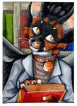 2017 aceo anthro atc bernadette black_fur book brown_fur card clothed clothing collar female fur green_eyes invalid_color invalid_tag library markers multicolored_fur smile solo traditional_media_(artwork) white_fur wings wunderknodel 