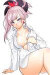  arm_support ass blush breasts closed_mouth collared_shirt commentary_request dress_shirt earrings eyebrows_visible_through_hair fate/grand_order fate_(series) grey_eyes hair_ornament head_tilt highres jewelry large_breasts legs long_sleeves looking_at_viewer miyamoto_musashi_(fate/grand_order) naked_shirt onsoku_maru shirt simple_background sitting solo white_background white_shirt 