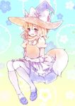  :d animal_ears blonde_hair bow braid commentary ears_through_headwear fang fox_ears fox_tail full_body hair_ribbon hat hat_bow kemonomimi_mode kirisame_marisa kneehighs looking_at_viewer mary_janes open_mouth peachpii puffy_short_sleeves puffy_sleeves ribbon shoes short_sleeves smile socks solo tail touhou tress_ribbon vest white_bow witch_hat yellow_eyes 