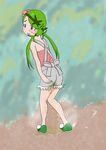  1girl artist_request ass blush bow embarrassed flower flying_sweatdrops from_behind full_body green_eyes green_footwear green_hair grey_bow hair_flower hair_ornament hair_tie hand_on_ass have_to_pee headband highres knees_together_feet_apart long_hair looking_at_viewer looking_back mao_(pokemon) outdoors overalls peeing peeing_self pink_flower pink_shirt pokemon pokemon_(game) pokemon_sm puddle shirt shoes solo standing strapless_shirt sweat tied_hair twintails wavy_mouth wet_clothes 