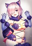  :d animal_ears armpits bangs bare_shoulders black_nails blue_gloves blurry breasts commentary_request dangerous_beast elbow_gloves eyebrows_visible_through_hair fang fate/grand_order fate_(series) fur_collar fur_trim glint gloves hair_over_one_eye highres large_breasts looking_at_viewer mash_kyrielight nail_polish navel open_mouth pink_hair revealing_clothes smile solo upper_body yasuda_takashi 