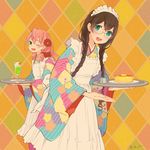 :d ;d akashi_(kantai_collection) alternate_costume alternate_hairstyle apron aqua_eyes aqua_kimono argyle argyle_background bad_hands bangs black_hair blunt_ends blush braid cake cherry cocktail_glass colis colorful commentary_request crossed_bangs cup drinking_glass floral_print flower food frilled_apron frills fruit glasses green_eyes hair_flower hair_ornament hair_over_shoulder hair_ribbon holding holding_tray ice_cream ice_cream_float japanese_clothes kantai_collection kimono large_hands long_hair long_sleeves looking_at_viewer low_twintails maid_apron maid_headdress melon_soda multiple_girls one_eye_closed ooyodo_(kantai_collection) open_mouth pale_color pastel_colors pink_hair print_kimono red_flower red_ribbon ribbon semi-rimless_eyewear sidelocks smile tray tress_ribbon twin_braids twintails twitter_username under-rim_eyewear wa_maid white_apron wide_sleeves 