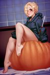  barefoot blonde_hair brown_eyes ear_piercing earrings eyeshadow feet full_body hair_intakes hair_over_one_eye halloween highres hood hood_down hoodie idolmaster idolmaster_cinderella_girls indoors jack-o'-lantern jewelry kairuhentai knee_up legs long_sleeves looking_at_viewer makeup no_pants nose oversized_clothes paper parted_lips piercing pumpkin saw shirasaka_koume short_hair sitting sitting_on_object sleeves_past_wrists solo thighs tile_floor tile_wall tiles toenails toes 