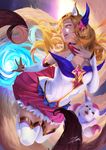  ahri animal_ears bare_shoulders blonde_hair breasts cleavage detached_sleeves eyelashes familiar fang fox_ears fox_girl fox_tail league_of_legends long_hair looking_to_the_side magical_girl nail_polish open_mouth orb patreon_username pink_lips pink_nails pleated_skirt signature skirt solo star_guardian_ahri tail teeth thighhighs yellow_eyes zettai_ryouiki zumi_(zumidraws) 