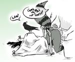  anthro avian bird black_and_white butt corvid covering crow cum female human human_on_anthro interspecies male male/female mammal monochrome penis procyonid raccoon sparrow_(artist) text trap_(disambiguation) 