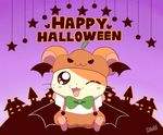  2017 3_fingers 3_toes :3 beady_eyes black_eyes blush cape clothed clothed_feral clothing costume digital_drawing_(artwork) digital_media_(artwork) english_text fangs feral front_view halloween hamster hamtaro hamtaro_(series) holiday_message holidays japanese kemono looking_at_viewer male mammal one_eye_closed open_mouth open_smile orange_clothing rio0v0o rodent semi-anthro sitting sky smile solo spread_arms star starry_sky suspenders text toes whiskers white_clothing wink 