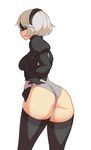  ass bad_id bad_tumblr_id black_gloves black_leotard blindfold breasts closed_mouth covered_eyes cowboy_shot flat_ass frilled_sleeves frills from_behind gloves hairband juliet_sleeves leotard long_sleeves medium_breasts nier_(series) nier_automata norasuko puffy_sleeves short_hair silver_hair simple_background solo standing thighhighs white_background yorha_no._2_type_b 