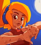  blonde_hair blue_sky commentary dirty_clothes dirty_face headphones joakim_sandberg lips long_hair ponytail robin_(the_iconoclasts) sky sleeveless sleeveless_turtleneck solo stretch sweat the_iconoclasts turtleneck updo upper_body 
