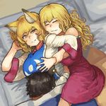 animal_ears bangs bare_shoulders black_hair blonde_hair breasts cat_ears chanta_(ayatakaoisii) chen closed_eyes closed_mouth commentary_request dress eyebrows_visible_through_hair fox_ears fox_tail from_above futon highres hug hug_from_behind jewelry large_breasts long_hair looking_at_another looking_back lying multiple_girls on_side orange_eyes pillow pink_dress short_hair single_earring sleeping slit_pupils spooning sweat tabard tail touhou under_covers white_dress yakumo_ran yakumo_yukari 
