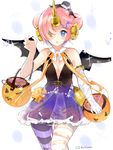  :o bat_wings blue_eyes breasts candy cleavage double_bun dress fake_wings fate/apocrypha fate/grand_order fate_(series) food frankenstein's_monster_(fate) frankenstein's_monster_(swimsuit_saber)_(fate) hair_ornament hair_over_one_eye hairclip halloween halloween_basket halloween_costume hat heterochromia horn itohime jack-o'-lantern looking_at_viewer pantyhose pink_hair ribbon short_dress short_hair small_breasts solo sparkling_eyes striped striped_legwear twitter_username wings yellow_eyes 