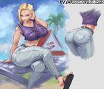  android_18 arched_back ass belt black_footwear blue_eyes bracelet breasts collarbone cut-in cutesexyrobutts denim dragon_ball dragon_ball_z flip-flops highres jeans jewelry kame_house large_breasts leaning_forward midriff navel pants purple_shirt sandals shirt signature sitting solo thick_thighs thighs 