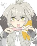  blonde_hair blush eyebrows_visible_through_hair fingerless_gloves gloves grey_shirt head_wings highres kemono_friends kokuin looking_at_viewer multicolored_hair necktie pregnancy_test shirt shoebill_(kemono_friends) silver_hair sketch solo white_neckwear yellow_eyes 