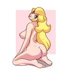  1girl areolae ass black-rayal blonde_hair blue_eyes breasts feet from_behind kneeling lips long_hair looking_back nintendo nipples princess_peach soles solo super_mario_bros. toes 